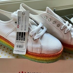 Superga 2790 White with rainbow trim platform shoe